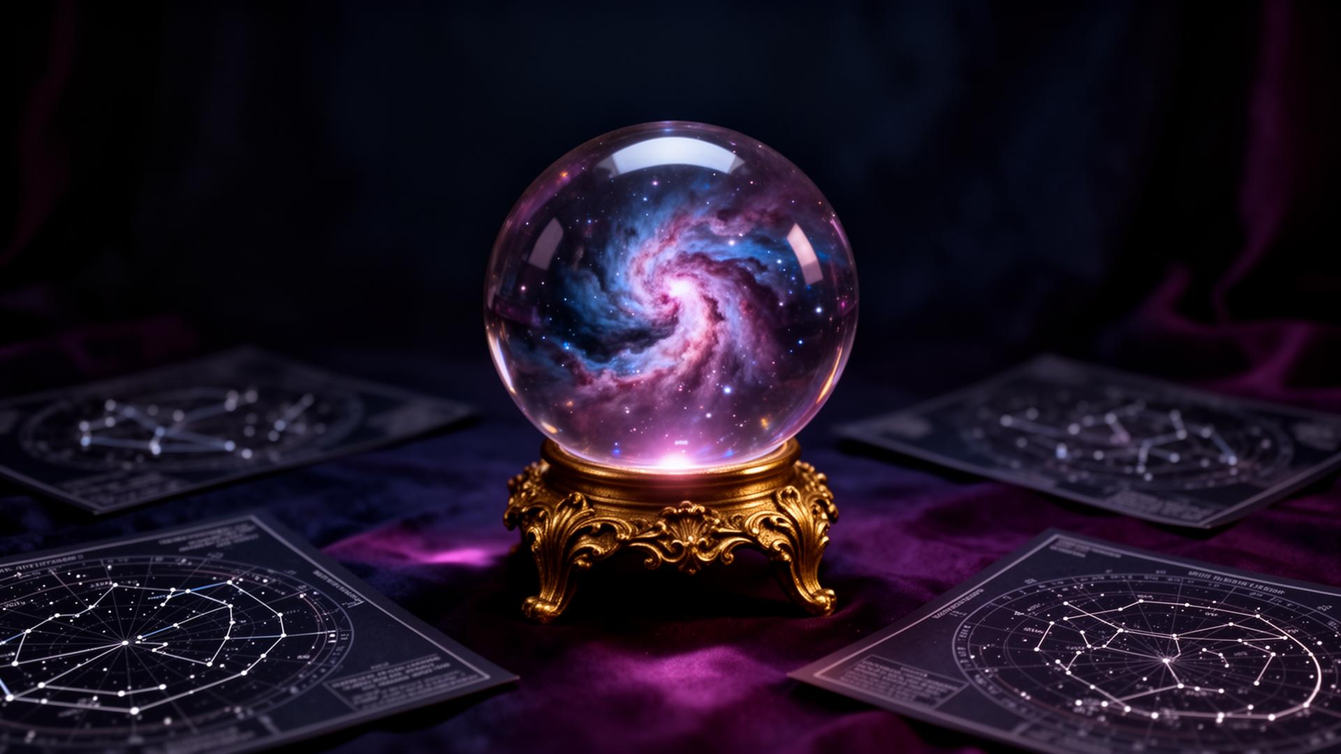 Glowing crystal ball with cosmic nebula surrounded by celestial star charts