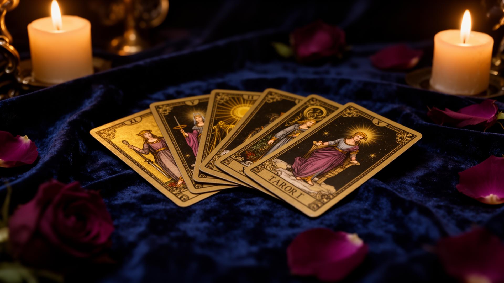 Golden tarot cards fanned out on midnight velvet with candlelight and rose petals
