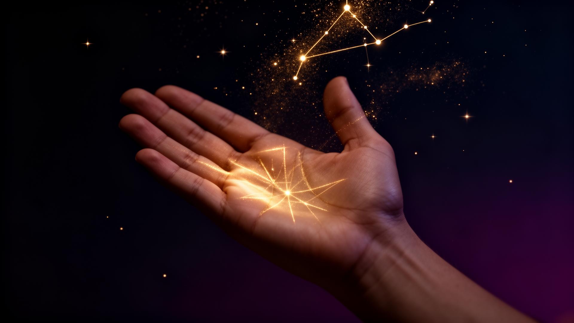 Lectura de manos online: mano abierta con líneas de quiromancia doradas bajo un cielo estrellado