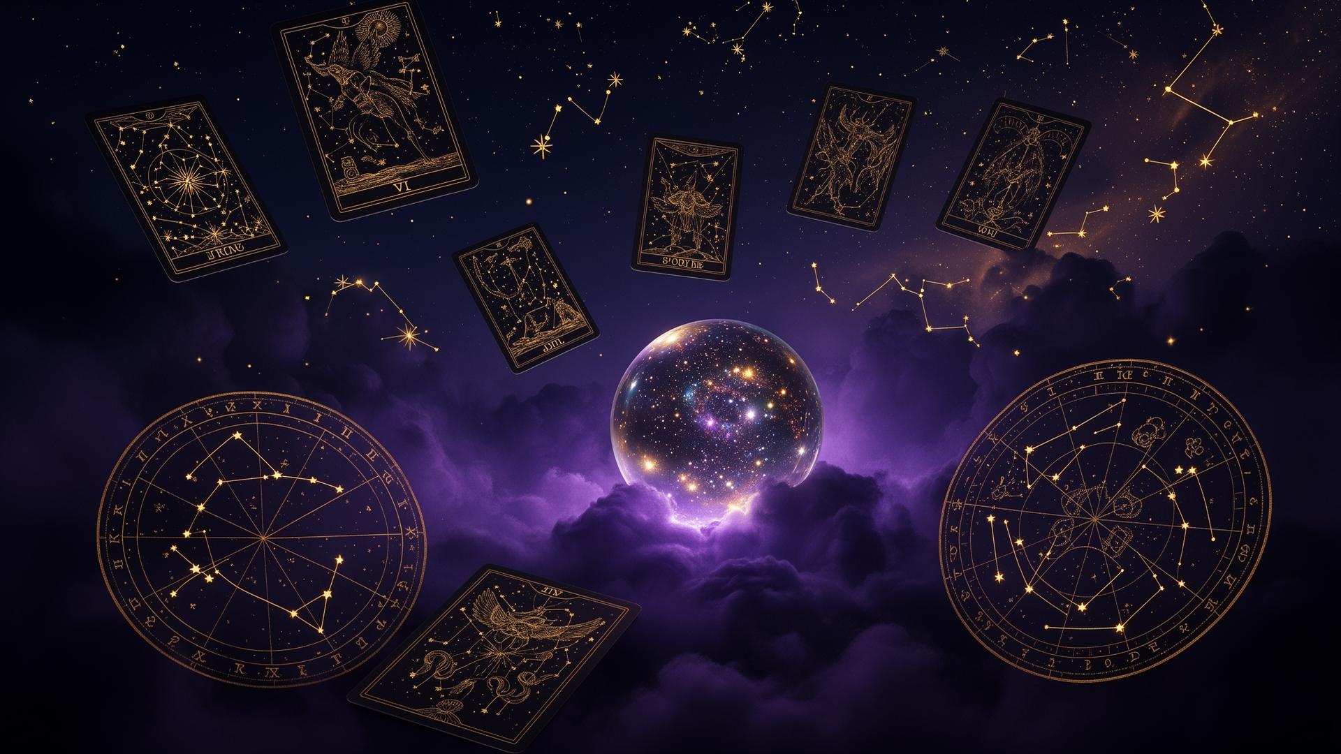 Mystical cosmic scene with tarot cards, crystal sphere, and celestial star charts
