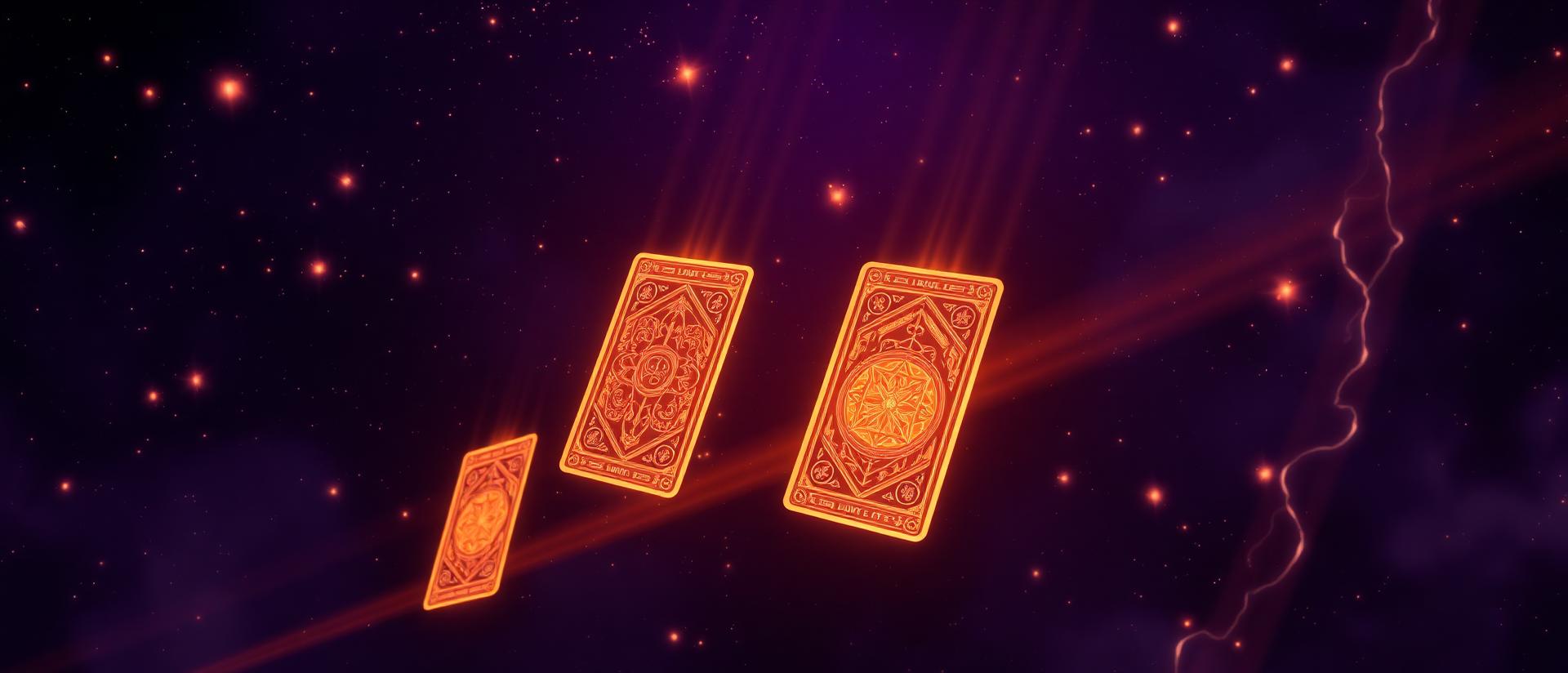 Mystical tarot cards floating in cosmic space with golden celestial light
